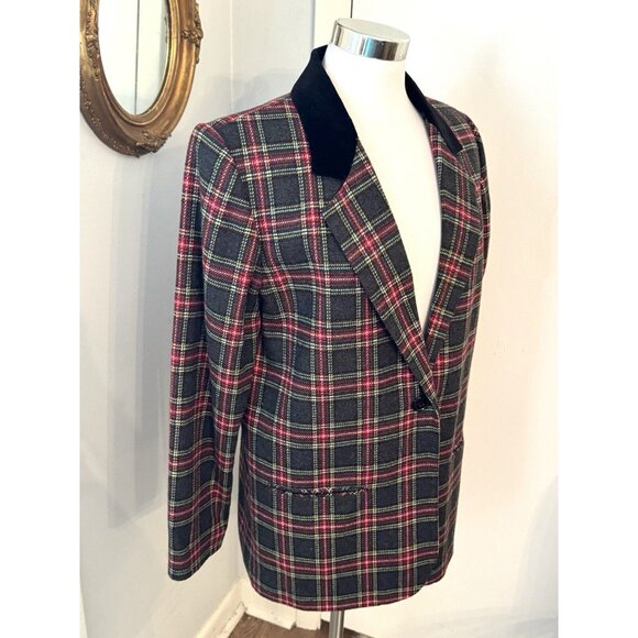 90s Plaid Blazer Jacket L 12 Wool Academia Preppy Velvet Tartan Old Money - Picture 4 of 12